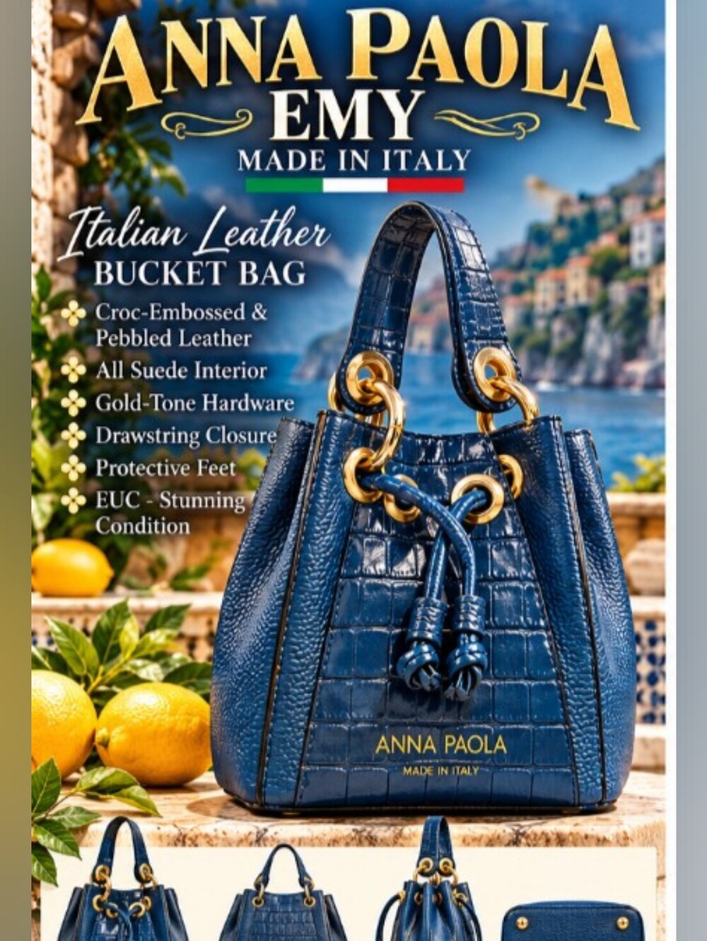 Anna Paola Emy Italian Leather Croc Embossed Blue Bucket Bag Small